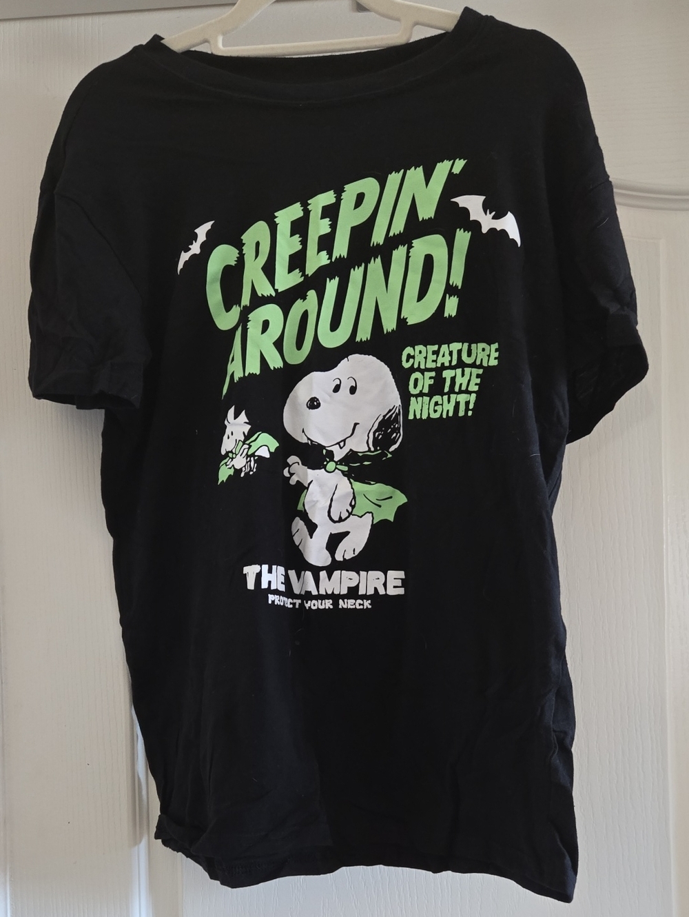 Peanuts Black Tee with Neon Green & White Snoopy Graphic